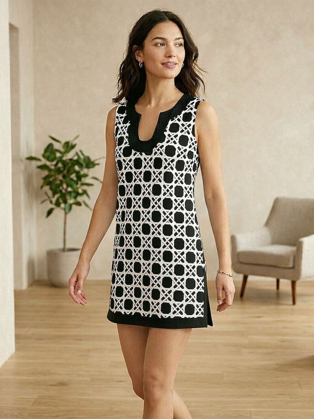 WHBM Small Black White Geometric Mini Dress -Tunic Sleeveless Stretch NWOT